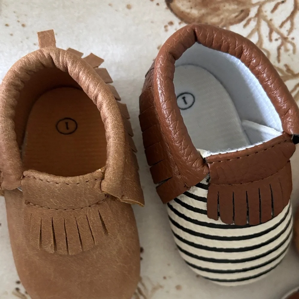 Baby Shoes Moccasins Two Pairs Size 1 Solid Brown and Blue White Striped Pair